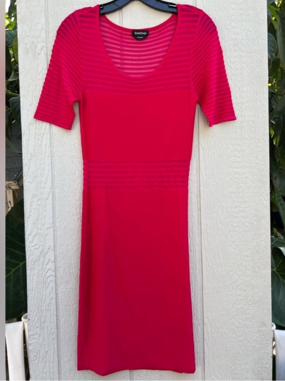 Bebe knit hot pink sheer lines dress